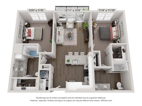 Floor plan for 2 beds, 2 baths, 991 sqft